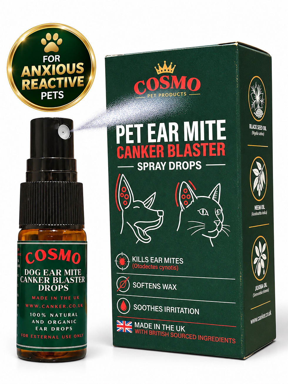 Cosmo 10ml Ear Mite Blaster Canker Blaster spray drops for dogs and cats – ear mite treatment for anxious reactive pets
