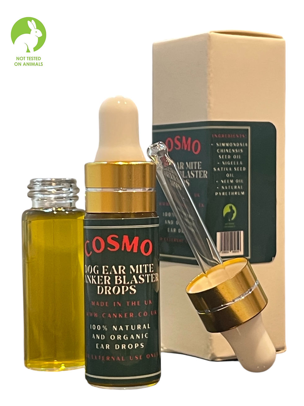 Dog ear drops with gold cap and glass dropper, labeled "COSMO," near box. Green and red text; "Not tested on animals" logo visible.