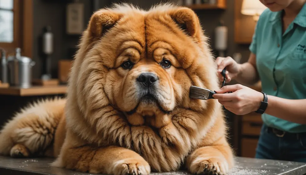 Chow Chow dog with fluffy orange coat being groomed by a person in a teal shirt. Cozy room with soft lighting and relaxed mood.