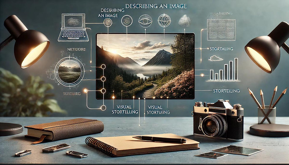 Fotorealistica immagine orizzontale che rappresenta il processo di descrivere un'immagine e creare storytelling visivo. A sinistra, un paesaggio naturale sereno con montagne e foresta, accompagnato da annotazioni testuali descrittive. A destra, un blocco note scritto a mano, una penna e una fotocamera simboleggiano gli strumenti di narrazione visiva, evocando creatività e storytelling.
