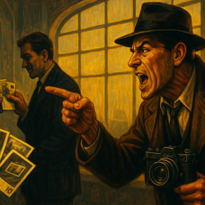 Illustrazione in stile pittorico noir ambientata in un grande ufficio con vetrate alte: un fotografo in primo piano, con Leica al collo, punta il dito contro due figure in ombra sullo sfondo mentre scopre che stanno vendendo le sue fotografie in cambio di denaro.