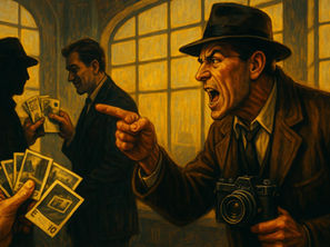 Illustrazione in stile pittorico noir ambientata in un grande ufficio con vetrate alte: un fotografo in primo piano, con Leica al collo, punta il dito contro due figure in ombra sullo sfondo mentre scopre che stanno vendendo le sue fotografie in cambio di denaro.