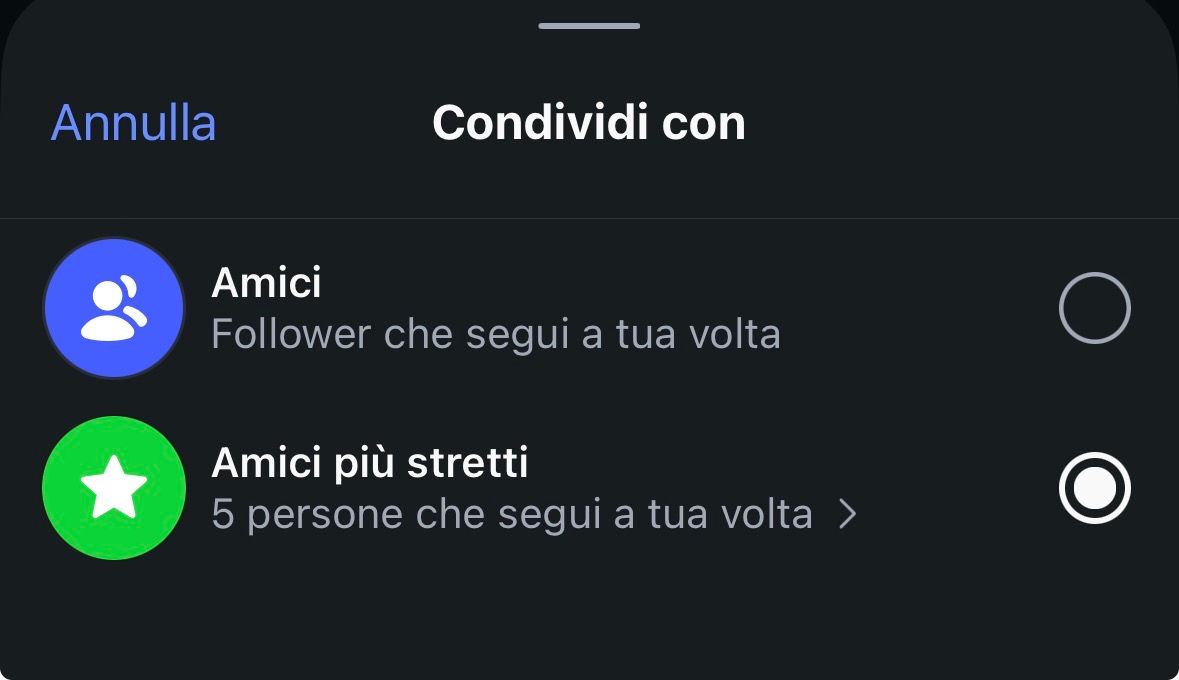 Dark UI showing sharing options: "Amici" with user icon, "Amici più stretti" with green star icon. Text: "Follower che segui a tua volta.
Instagram Instants