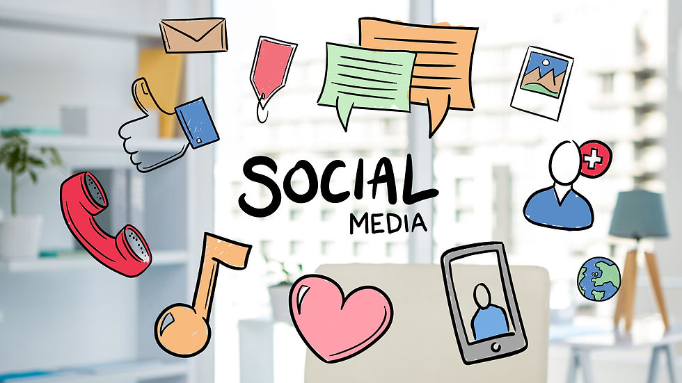 Colorful social media doodles and icons around the words SOCIAL MEDIA on a glass wall, with a bright office blurred behind.