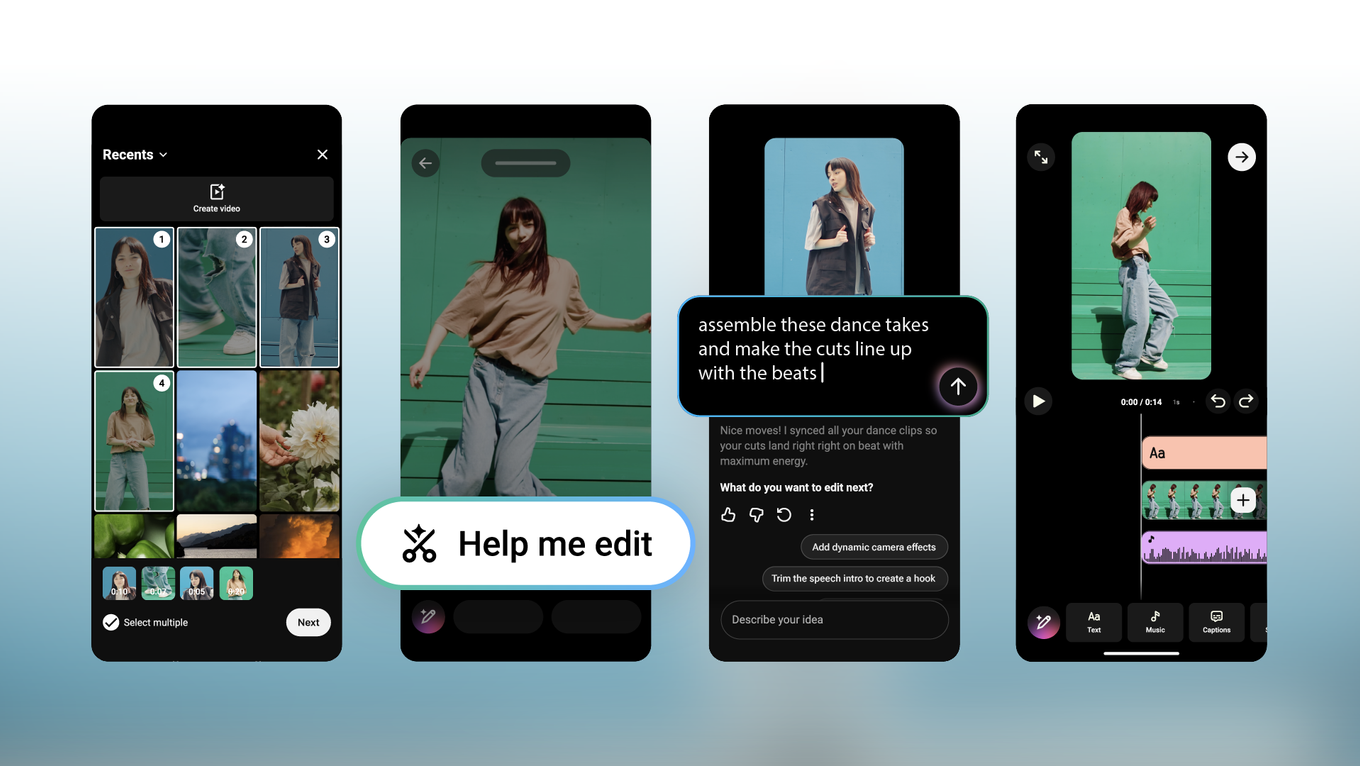 Quattro schermate di telefono mostrano un'app di editing video con una donna che balla; suggerimenti basati sull'intelligenza artificiale e il testo "Aiutami a modificare" appaiono su un'interfaccia scura.