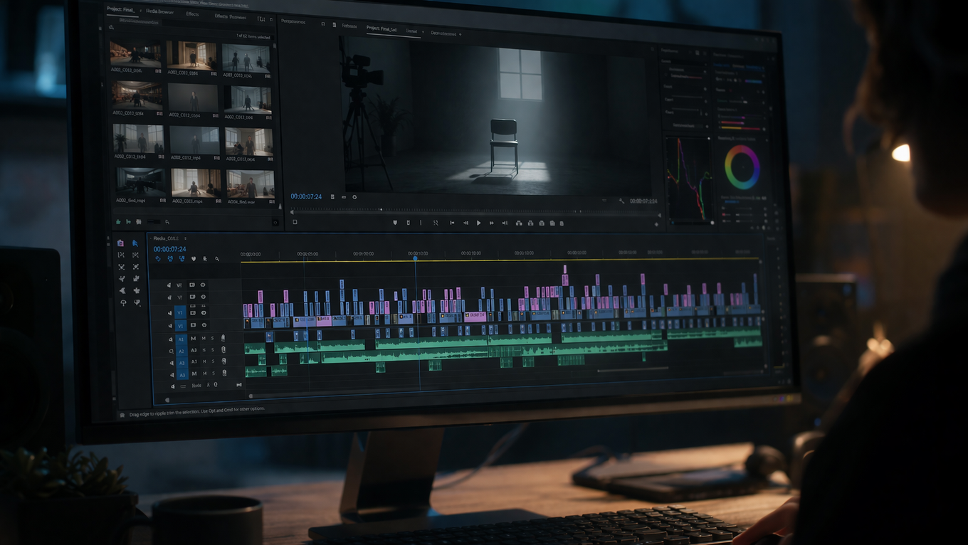 Uno schermo di computer che mostra un software di editing video, con timeline colorate e un'anteprima di una sedia illuminata da un riflettore, creando un'atmosfera suggestiva.