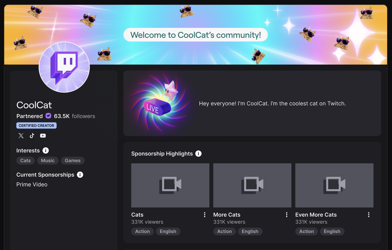 Profilo Twitch di CoolCat con banner di gatto arcobaleno, grafica in diretta, 63.500 follower e schede di streaming Gatti, altri gatti, ancora più gatti. sponsor Twitch Affiliati