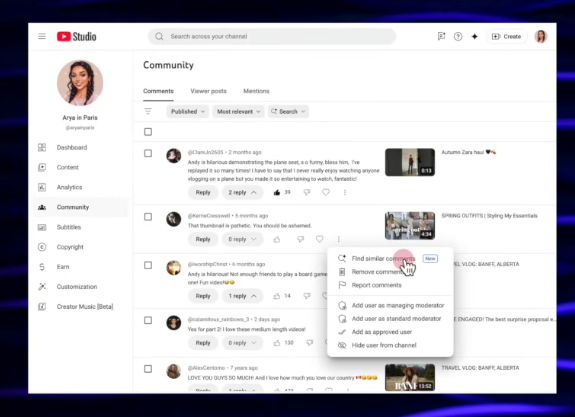 Pagina della community di YouTube Studio che mostra i commenti con le opzioni utente aperte. Anteprime delle miniature a destra. L'interfaccia include un'immagine del profilo. Commenti 