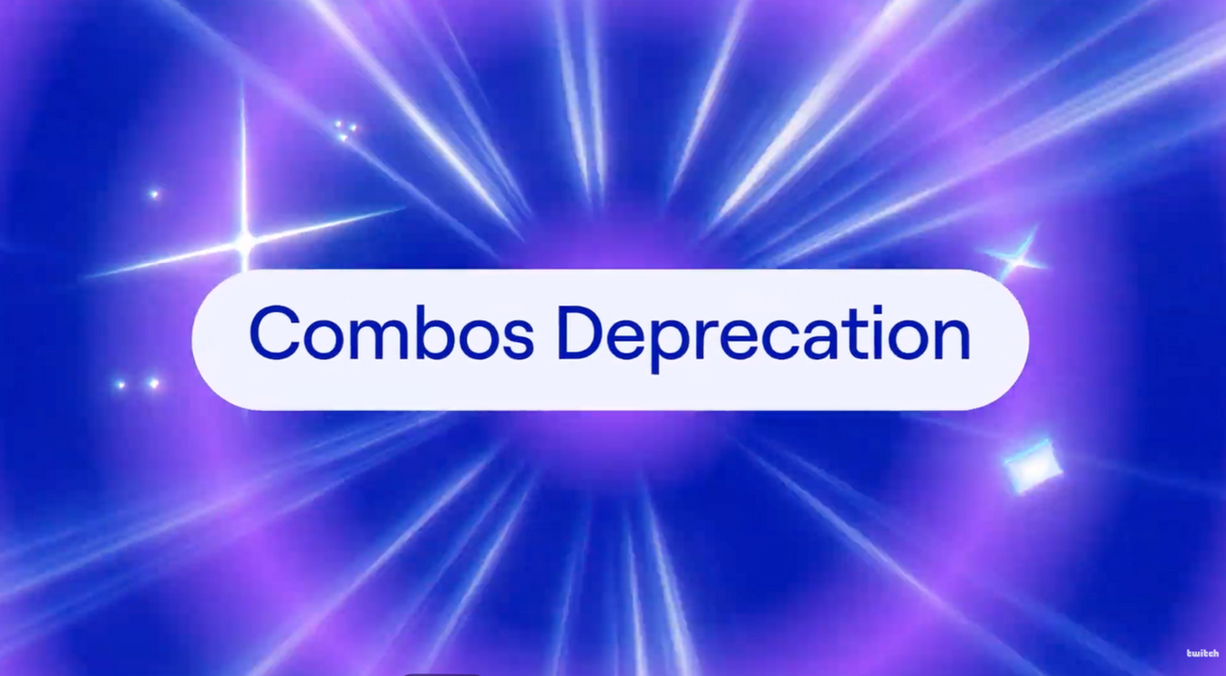 Il testo “Combos Deprecation” su uno sfondo dai vivaci toni di blu e viola, con raggi di luce radiosi e scintillii che creano un effetto dinamico. TWITCH