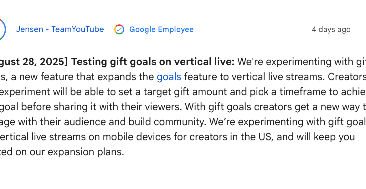 YouTube testa i “Gift Goal” nelle live verticali