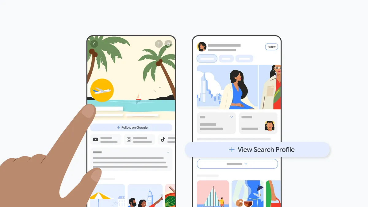 Una mano tocca un telefono che mostra una pagina di viaggi al mare; accanto, un altro telefono mostra un profilo con Visualizza profilo di ricerca