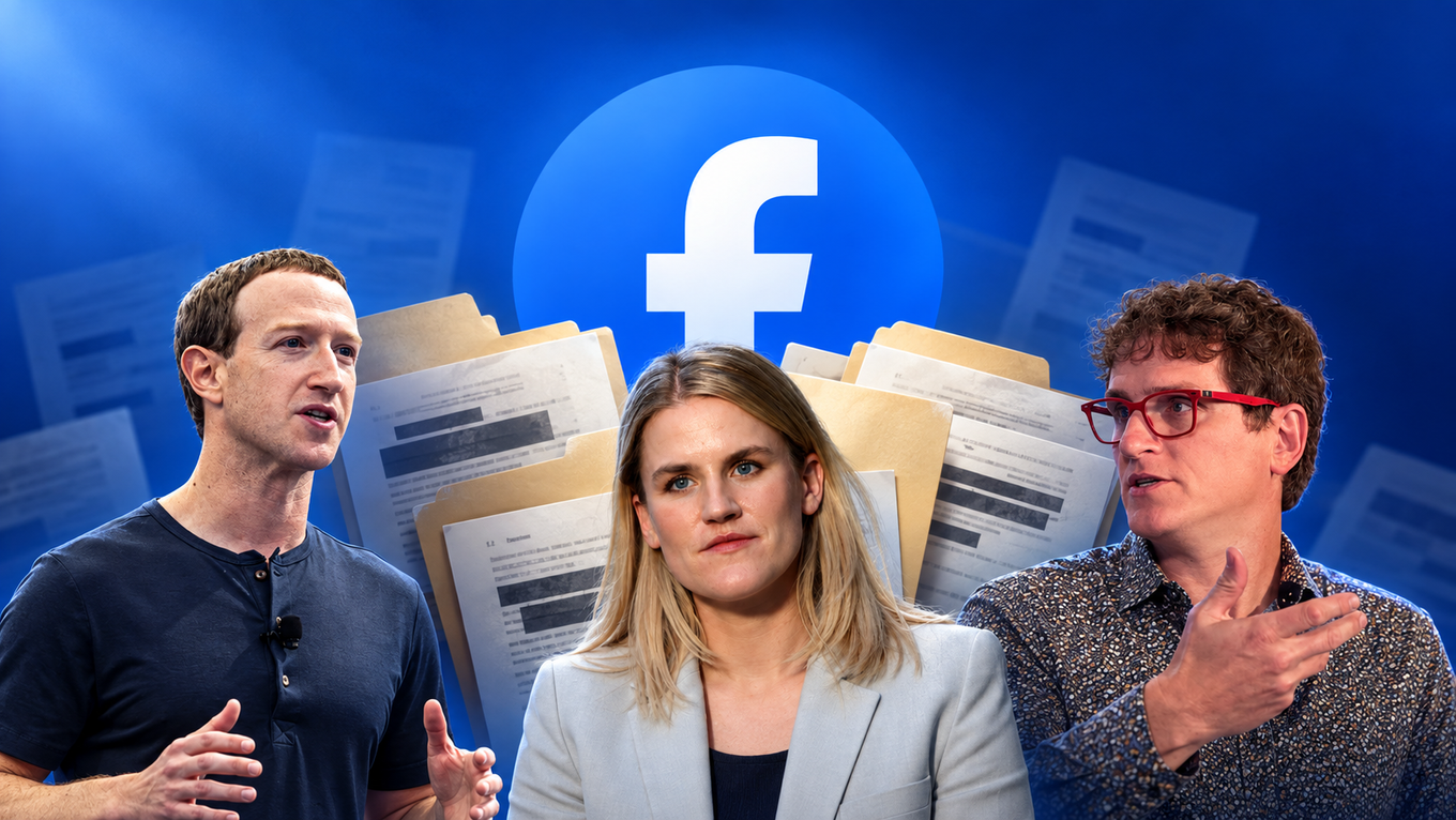 Three people in front of a Facebook logo and file folders, discussing data privacy amid blurred documents.