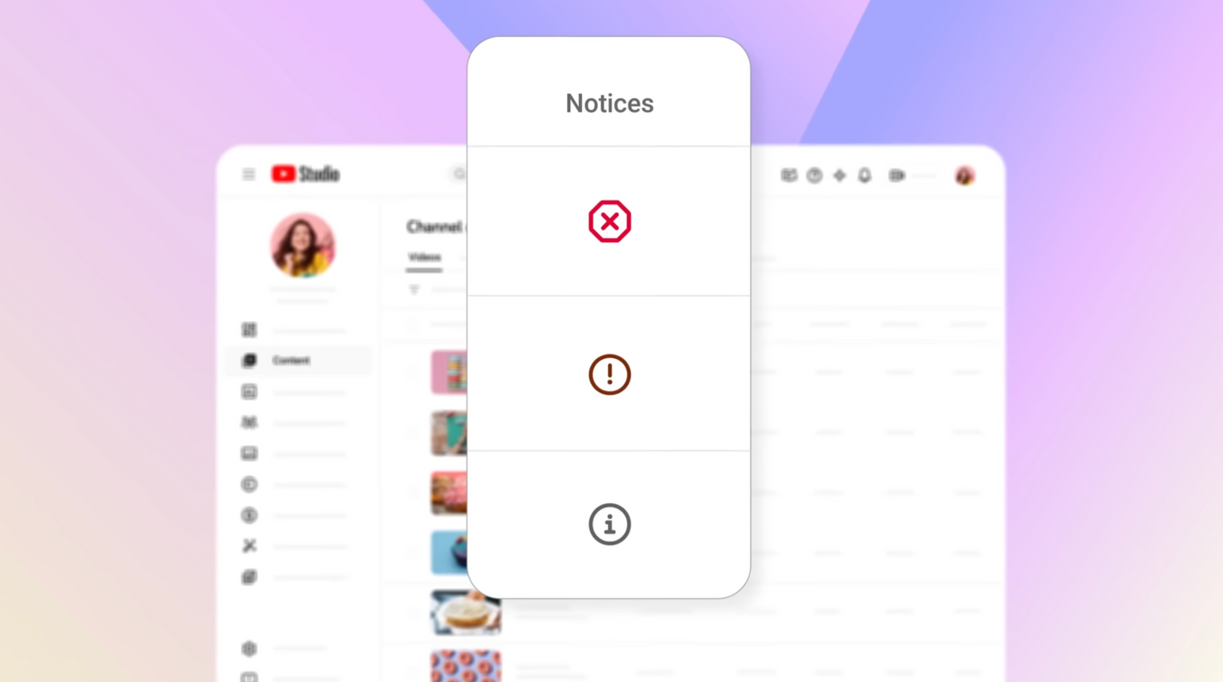 Pannello Notifiche centrato con icone di errore, avviso e informazioni su una dashboard di YouTube Studio sfocata su uno sfondo con sfumatura pastello.