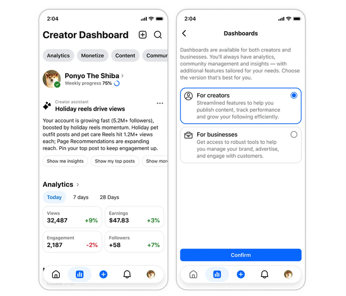 Due schermate dell'app mobile mostrano una dashboard per i creatori di Ponyo the Shiba e una schermata di scelta delle dashboard con l'opzione "Per i creatori" selezionata.
