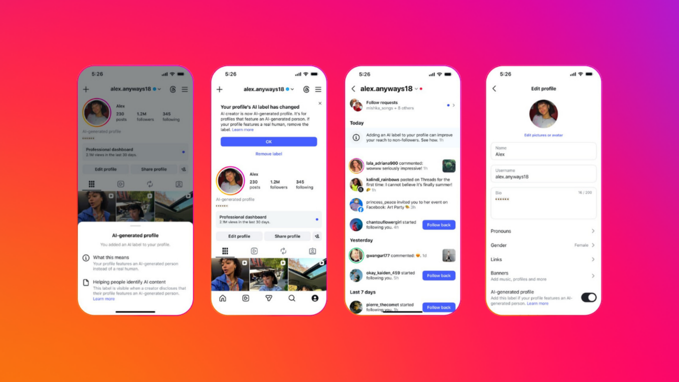 Quattro schermate di Instagram per smartphone che mostrano un'etichetta del profilo generata dall'intelligenza artificiale, le impostazioni del profilo e le notifiche su uno sfondo sfumato rosa-arancione.