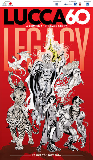 Poster rosso LUCCA 60 LEGACY con eroi dei fumetti e personaggi fantasy; Una storia di fumetti e giochi; dal 28 ottobre al 1 novembre 2026