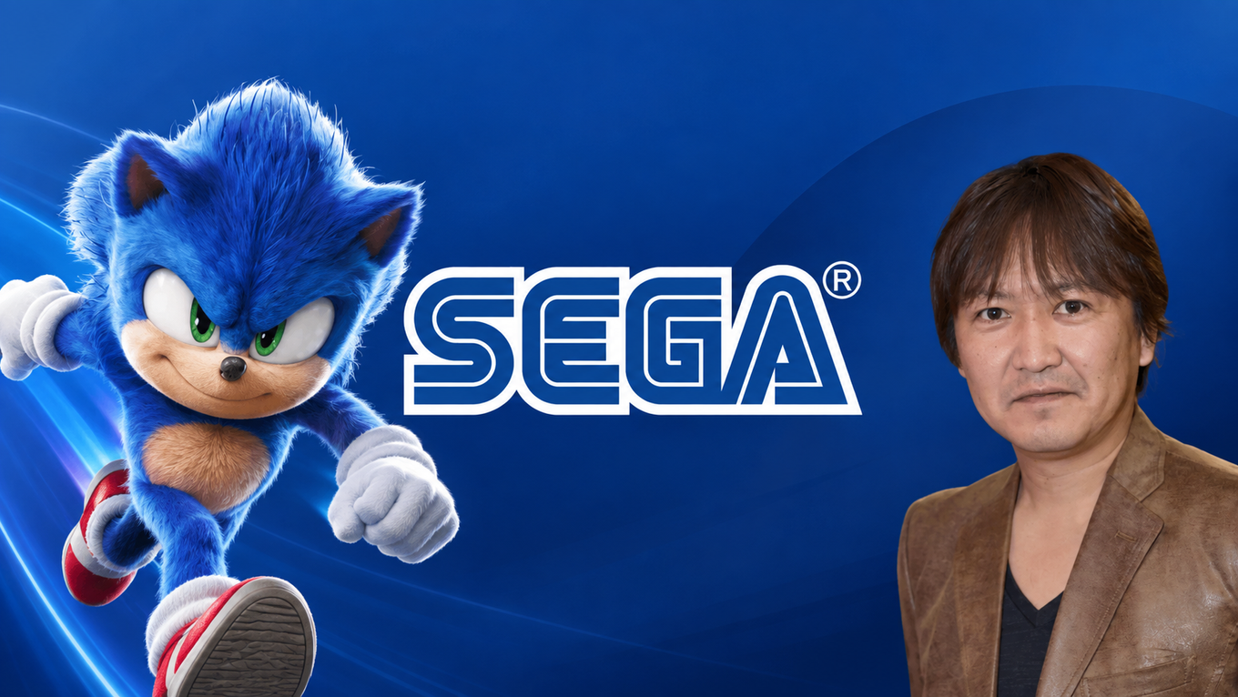 Blue Sonic corre accanto al logo SEGA con il suo creatore in giacca marrone su sfondo blu