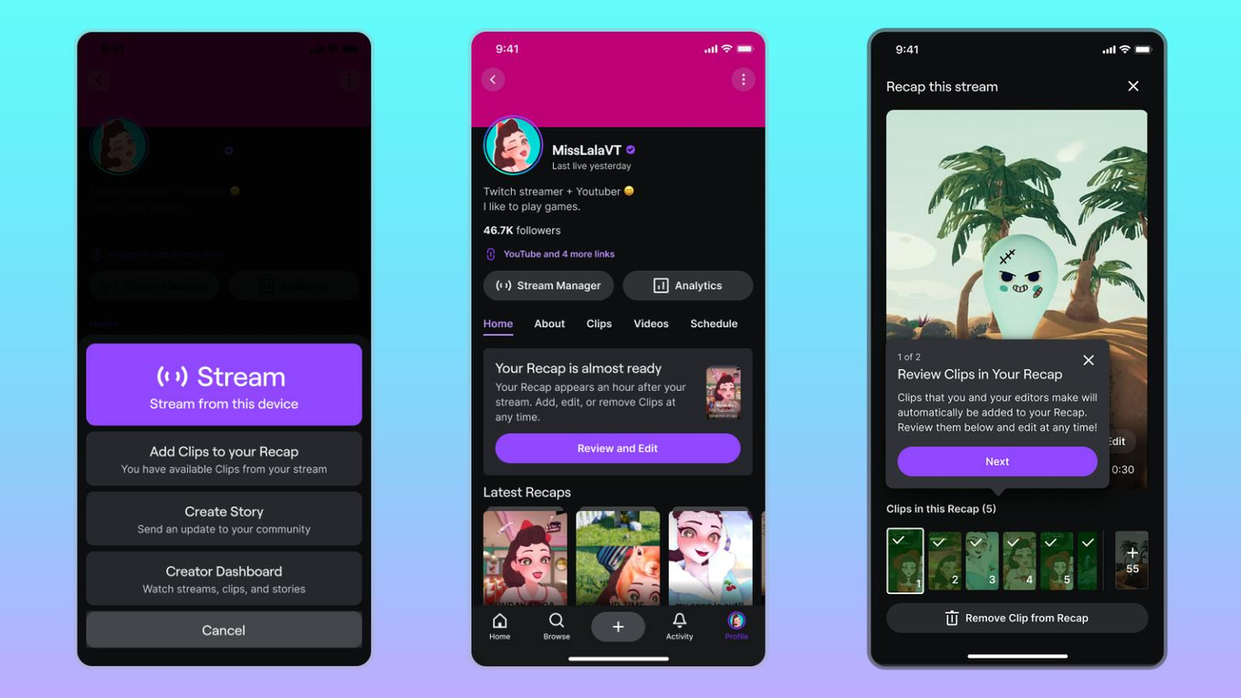 Tre schermate di Twitch per dispositivi mobili mostrano i prompt per la revisione dello streaming, del profilo del creatore e del riepilogo, con pulsanti viola su sfondo ciano.