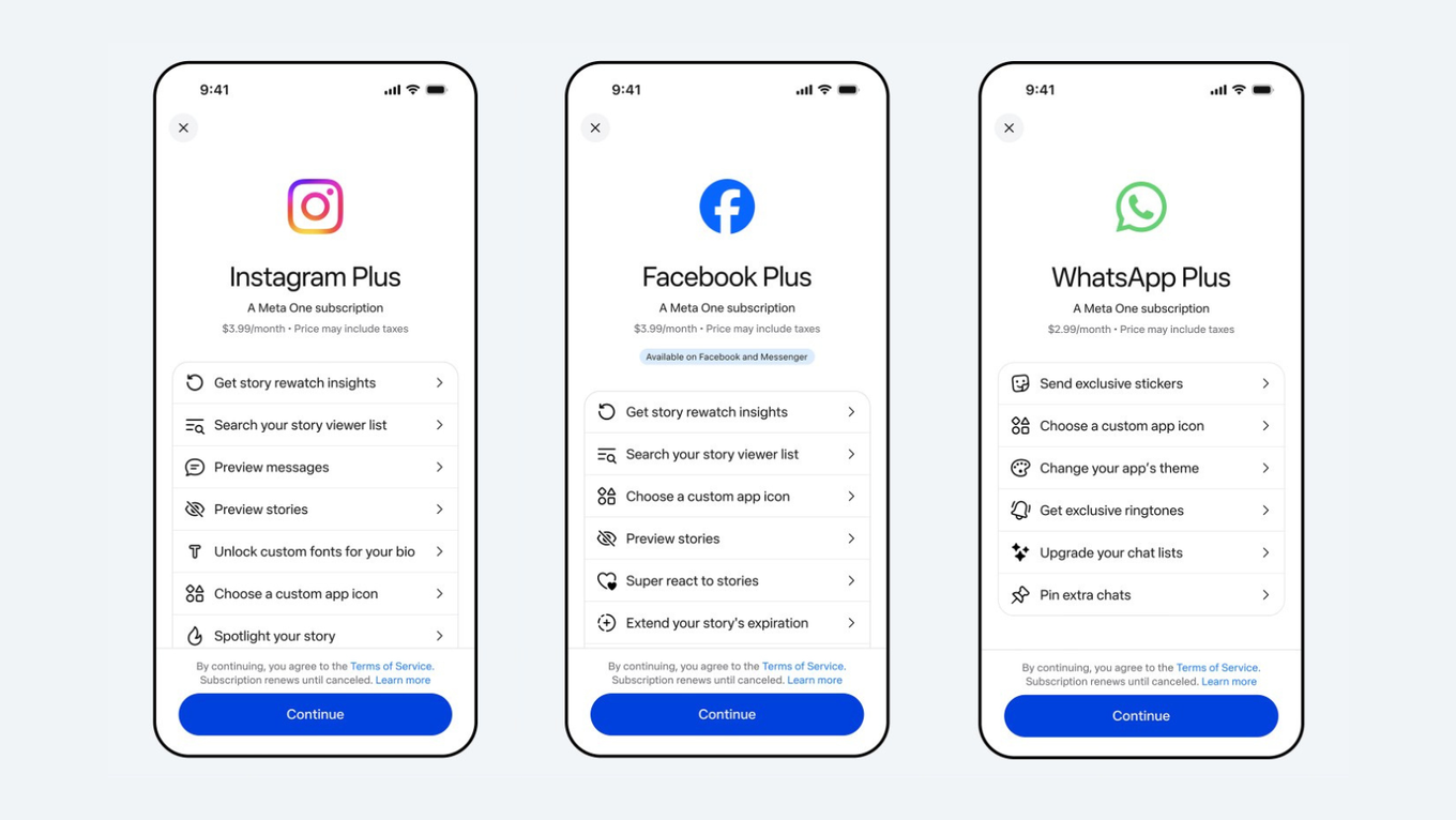 Tre schermate di smartphone che mostrano le pagine di abbonamento a Instagram Plus, Facebook Plus e WhatsApp Plus con pulsanti blu "Continua".