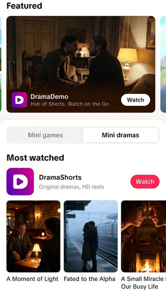 Schermata dell'app di streaming che mostra i mini-drama DramaDemo e DramaShorts con pulsanti di visualizzazione e miniature romantiche in calde scene scure.