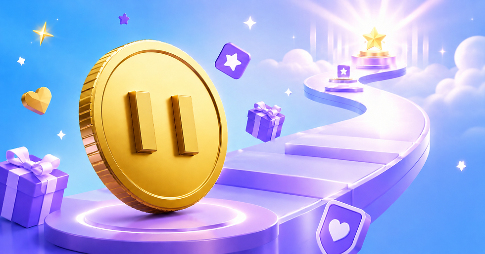 Una moneta d'oro su un sentiero viola con scatole regalo e simboli, che conduce a una stella luminosa in un cielo luminoso e fantastico. Twitch monetizzazione