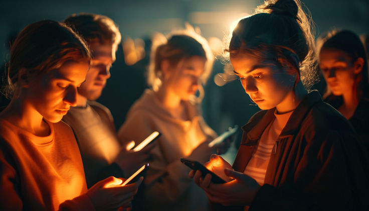 Quattro adolescenti si stringono in una stanza buia, illuminati dagli schermi dei cellulari, con i volti rischiarati da una luce arancione e espressioni concentrate e silenziose.