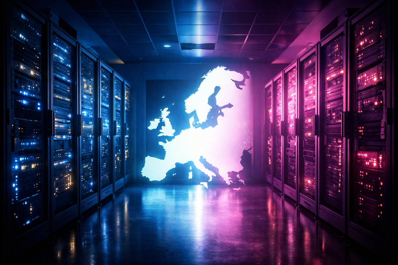 Sala server scarsamente illuminata con server che brillano di luce blu e rosa; al centro viene proiettata una mappa luminosa dell'Europa, creando un'atmosfera futuristica.