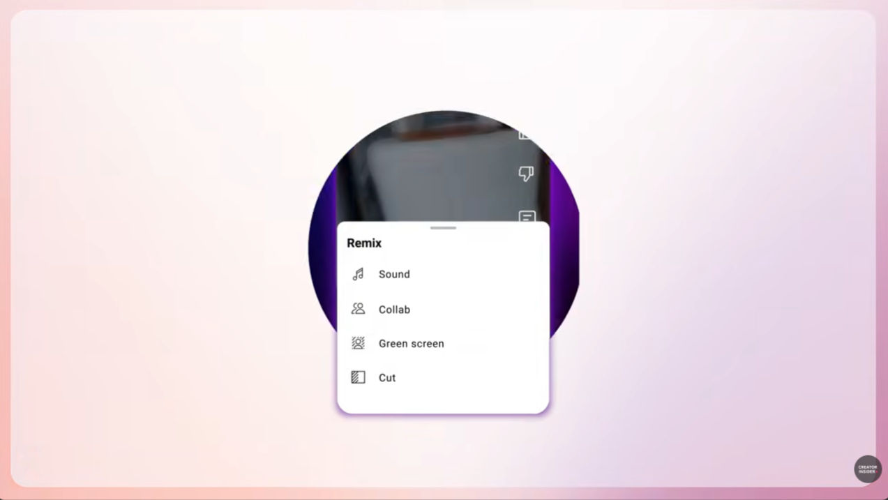 Finestra popup centrata dell'interfaccia utente del telefono intitolata Remix con le opzioni Suono, Collabora, Schermo verde e Taglia su uno sfondo sfumato rosa tenue.