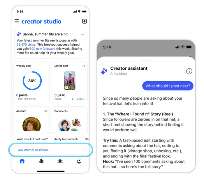 Su due schermi di telefono sono visualizzati Meta Creator Studio e Creator Assistant con statistiche dei post, visualizzazioni, follower e idee per i post.