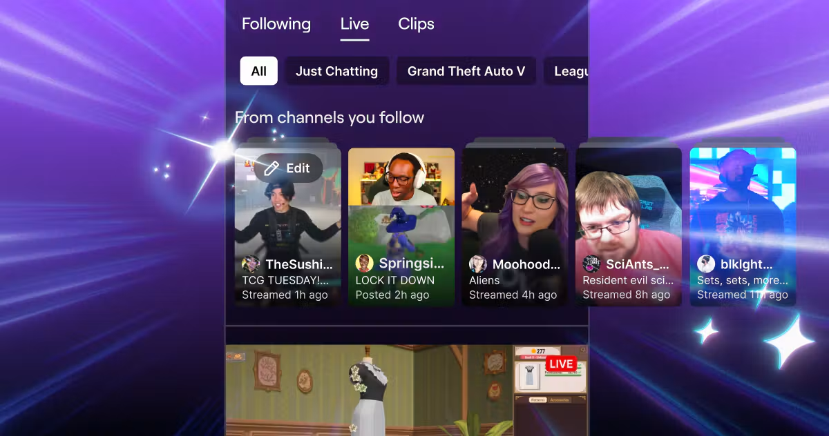 Pagina "Seguiti" di Twitch con l'opzione "Live" selezionata, che mostra le miniature degli streamer e i canali che segui su uno sfondo viola a forma di stella.