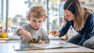 Preschooler engaged in early literacy activity with educator support
