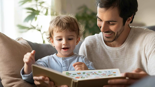 Parent and preschooler reading a picture book together on the couch