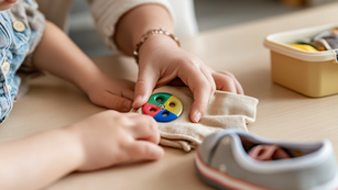 Close-up of toddler hands practising buttoning a jacket at a kitchen table with parent nearby