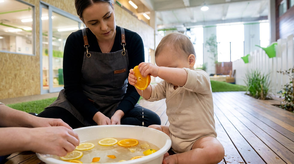 Baby hands squeezing a halved orange over a shallow tub of warm citrus water