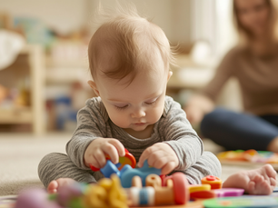 Baby engaged with sensory toys in a cosy nursery room with attentive educator nearby