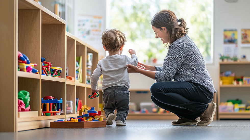 Educator giving specific praise to proud preschooler who has tidied up toys