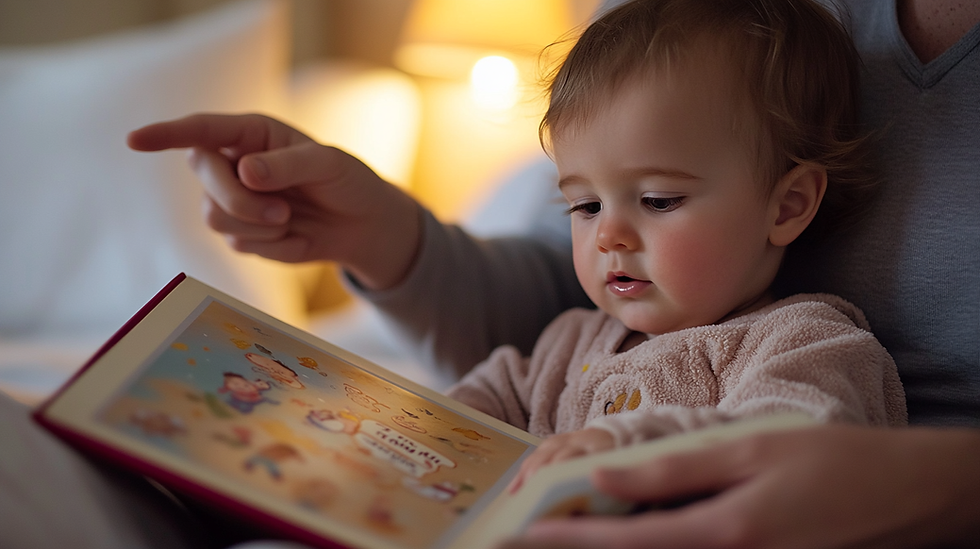 Toddler in pyjamas sitting in parent's lap during a cosy bedtime story
