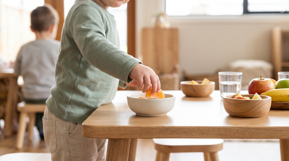 Toddler reaching across a wooden table to pick up a mandarin segment at The Green Elephant, illustrating everyday foods that support winter immunity