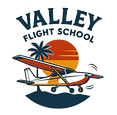 Official logo for Valley Flight School based at Van Nuys Airport (KVNY), featuring a Cessna 172 airplane against a California sunset and palm tree. Specialized FAA Part 61 flight training for working professionals, Private Pilot, and Sport Pilot certificates in the Los Angeles area.