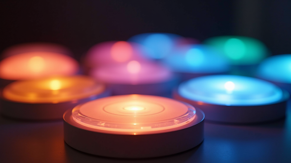 Close-up view of LED light fixtures with different color temperatures