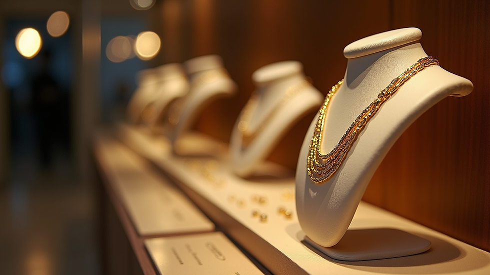 Eye-level view of a well-lit jewelry display case with gold necklaces