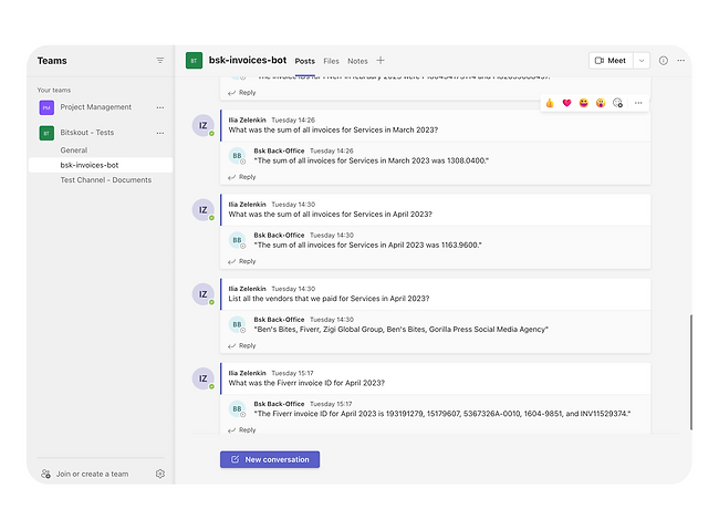 An image showing the Teams chat with a invoice questions
