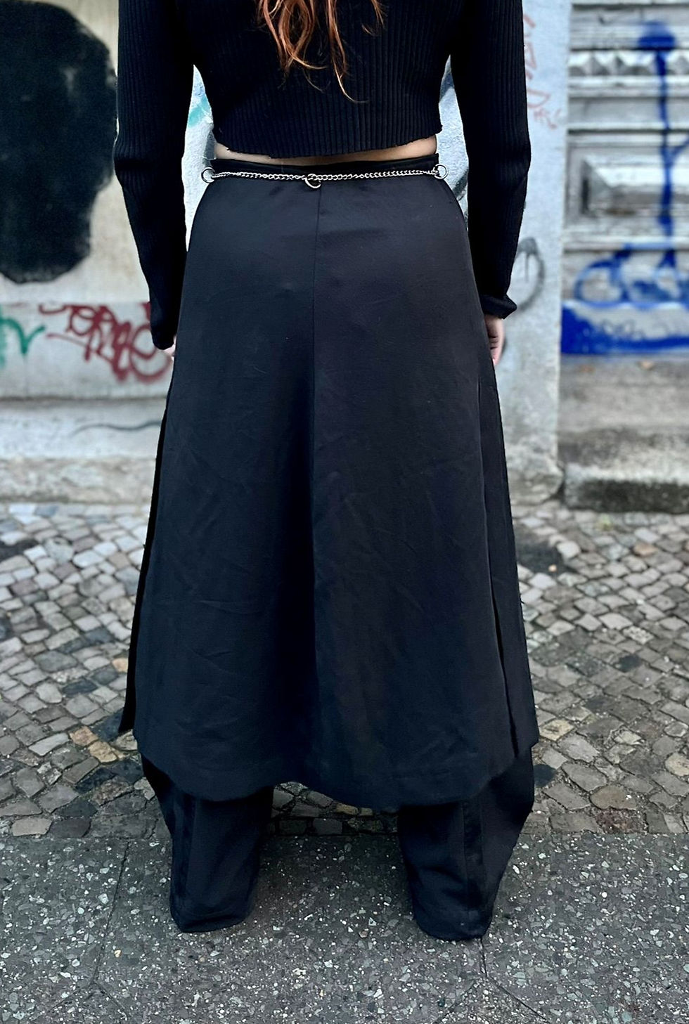 Thumbnail: Upcycled long black wrap skirt with chain belt