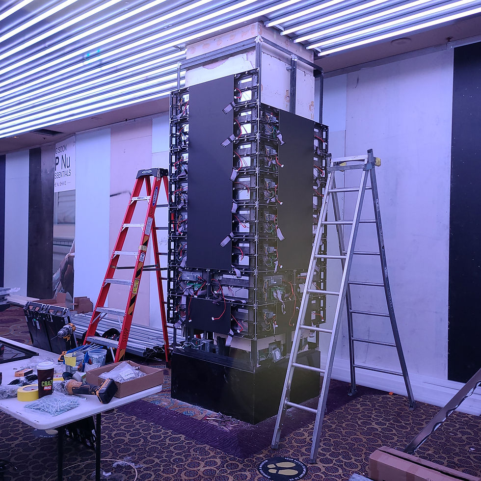 Tall electronic display installation with two ladders