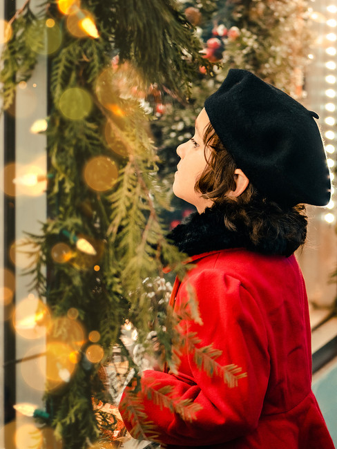 A little girl gazes into a window surrounded by Christmas lights