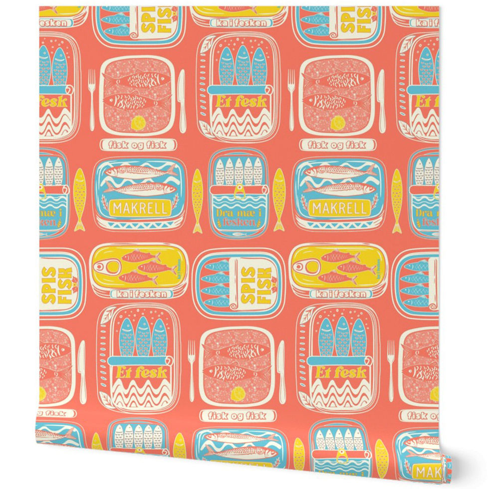 Patterned wallpaper with illustrations of fish boxes