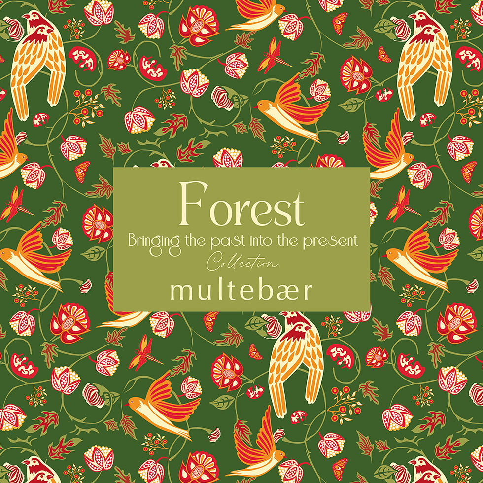 Pattern design with birds and flowers from the Forest collection by Multebær.