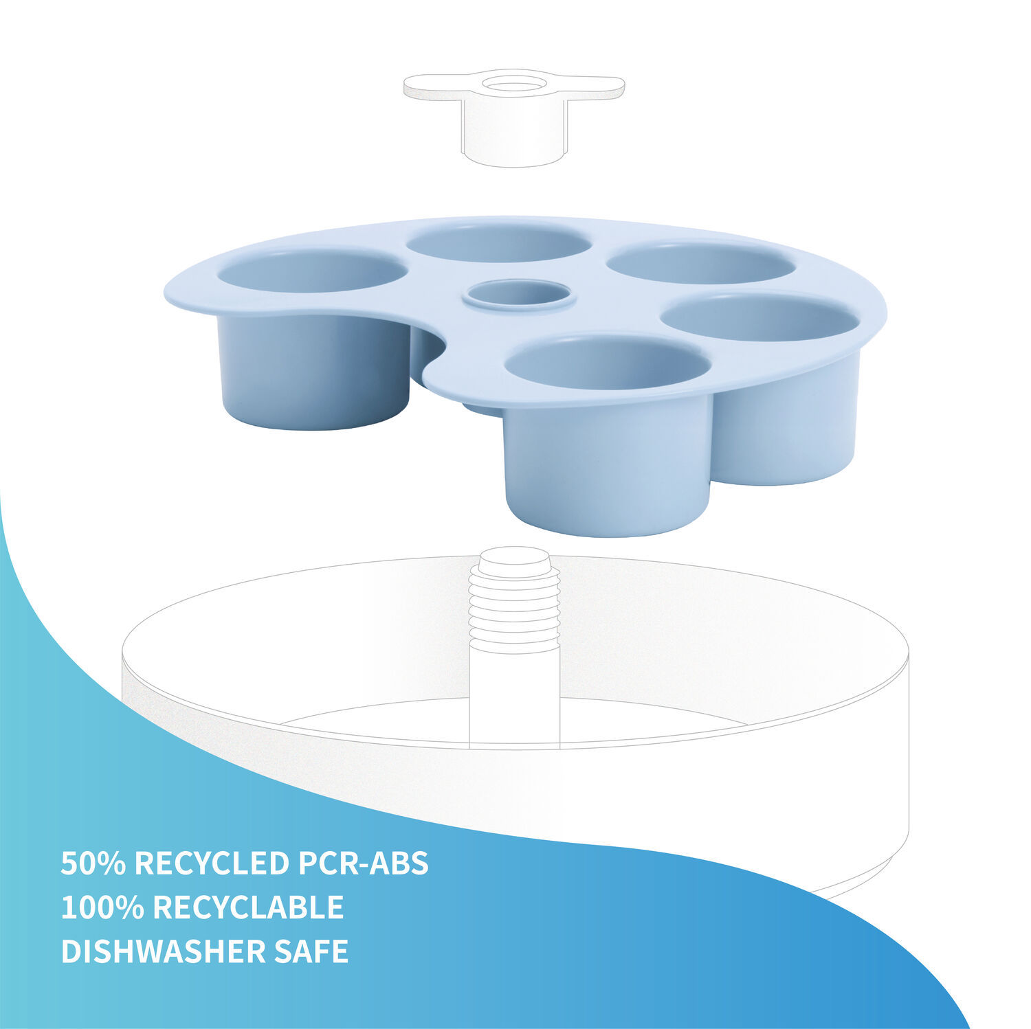 Slow feeder accessoire hond SPIN Palette met vijf blauwe voercups op witte SPIN basis