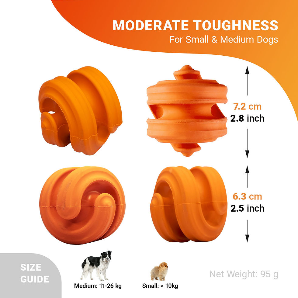 Thumbnail: Oranje voerspeeltje hond met afmetingen en geometrische rubberen vorm
