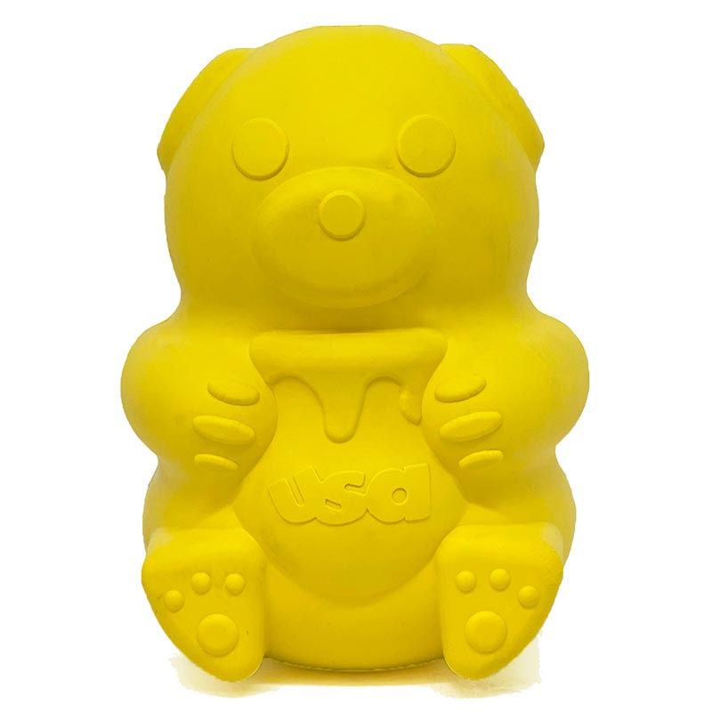 Gele SodaPup Honey Bear beloningsspeeltje voor honden in beervorm
